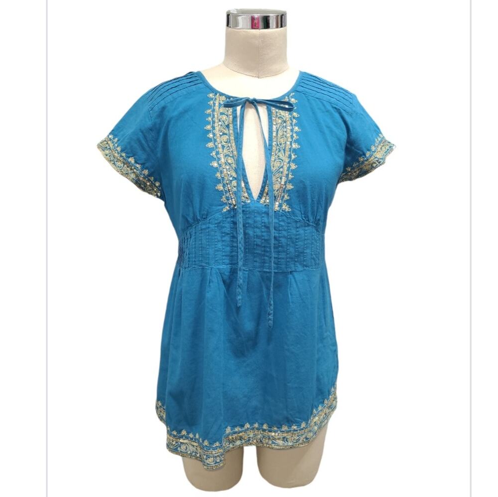 Heart Moon Star Boho Embroidered Artisan Top M Turquoise Gold Sequins Cotton